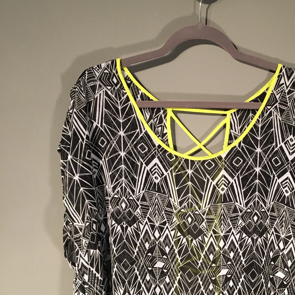 Geometric sheer blouse with neon yellow trim
